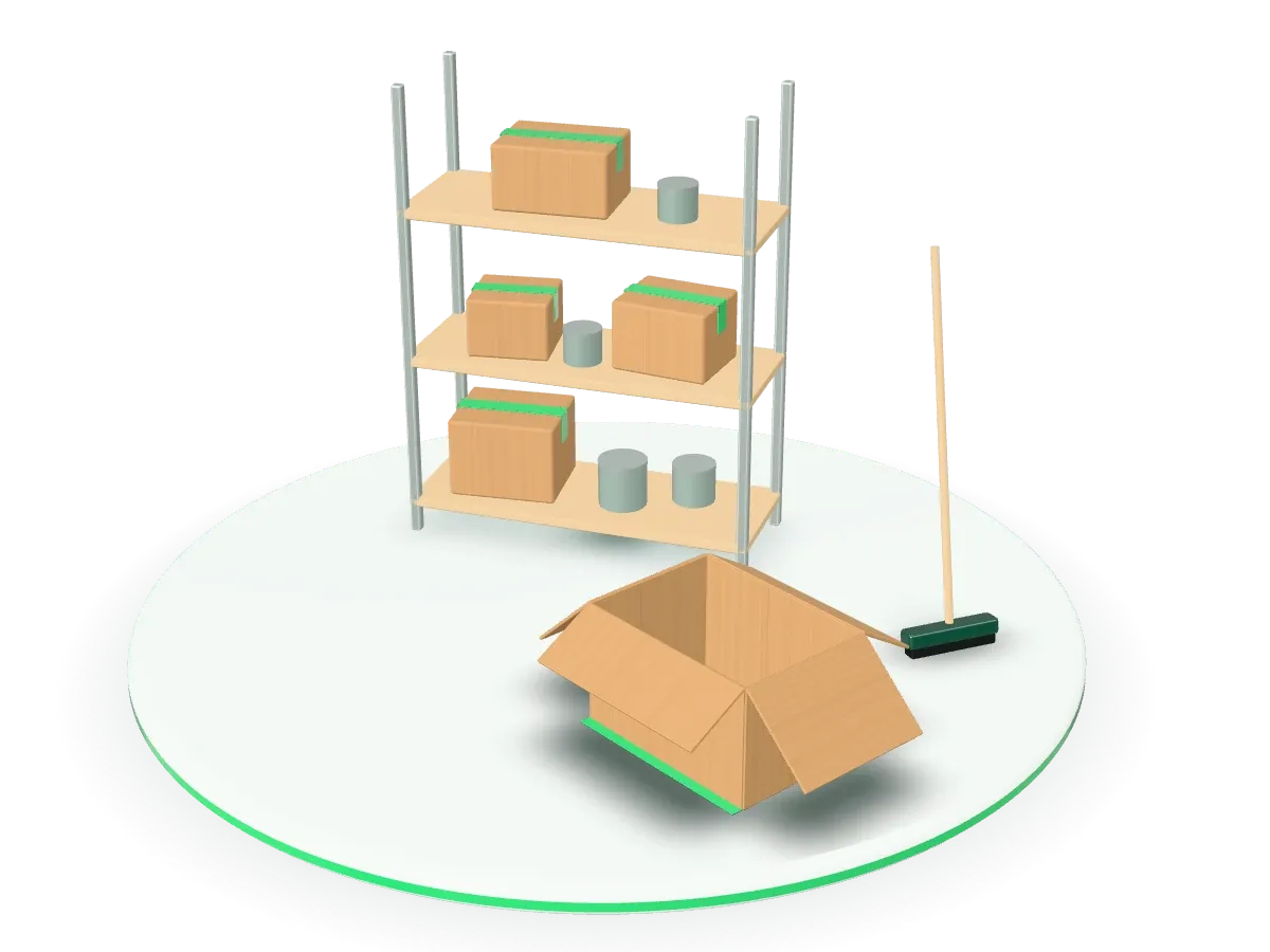 3D-Illustration: Ein Regal mit Kartons und Dosen, davor ein offener Umzugskarton und ein Besen.