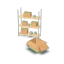 3D-Illustration: Ein Regal mit Kartons und Dosen, davor ein offener Umzugskarton und ein Besen.
