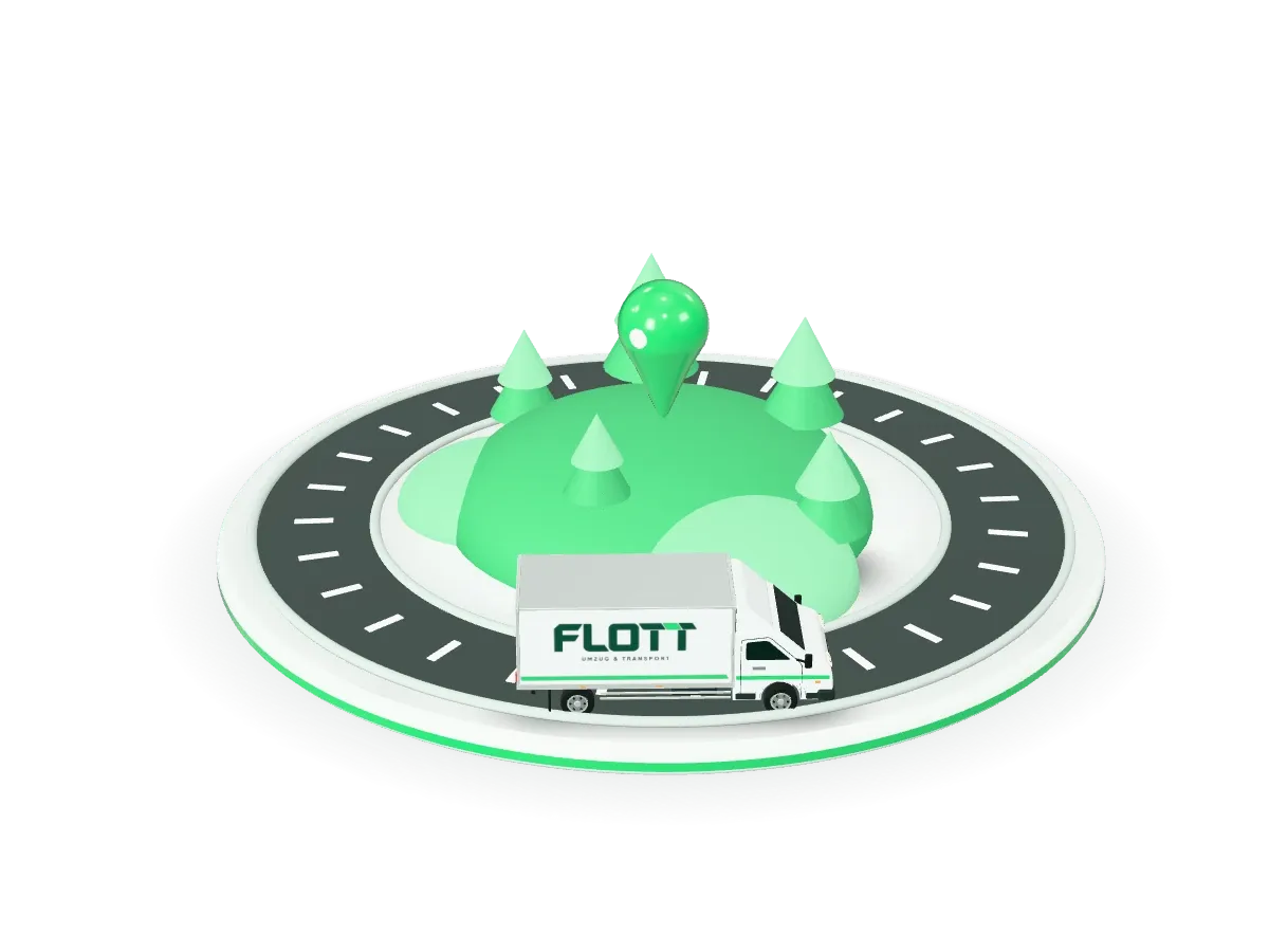 3D-Illustration: Ein Flott-Transporter auf einer Ringstraße um einen Hügel mit Bäumen und einer grünen Zielnadel.