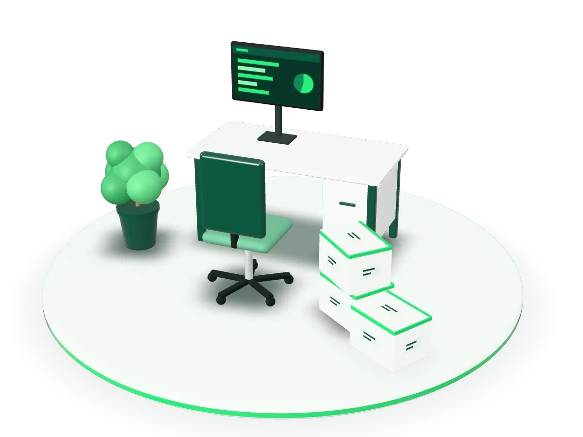 3D-Illustration: Ein Schreibtisch mit Bildschirm, ein Bürostuhl, Archivkartons und eine Pflanze.
