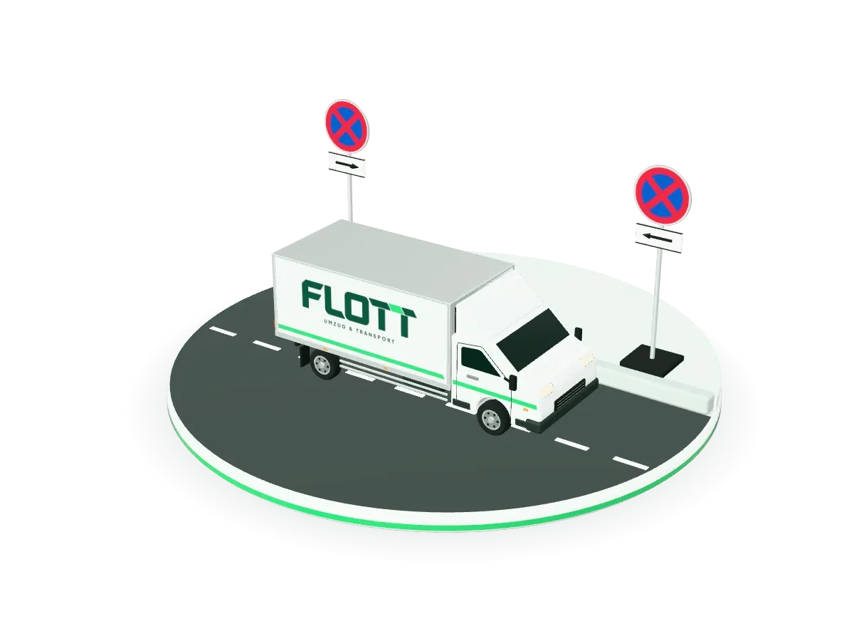 3D-Illustration: Ein Flott-Transporter parkt am Straßenrand zwischen zwei Halteverbotsschildern.