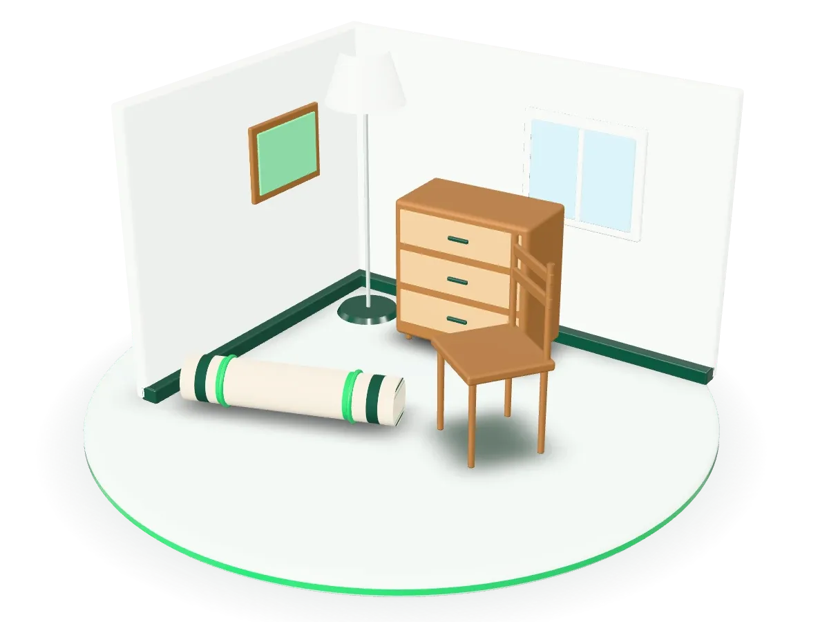 3D-Illustration: Eine Zimmerecke mit Kommode, Stehlampe, Stuhl, Bild und eingerolltem Teppich.