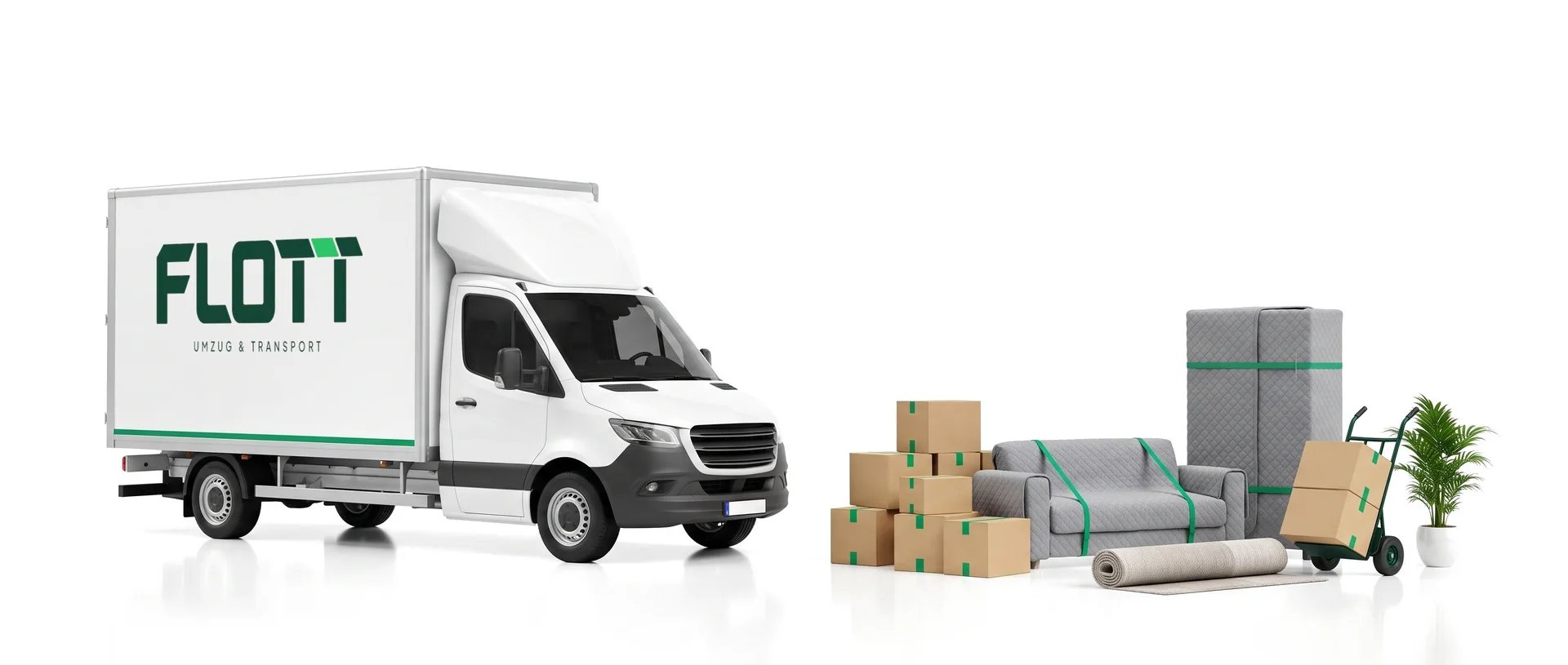 KI-Illustration: ein weißer Transporter mit Flott-Logo, daneben Umzugskartons mit grünem Klebeband, ein eingewickeltes Sofa, ein eingewickelter Schrank, ein Teppich, eine Sackkarre und eine Pflanze.