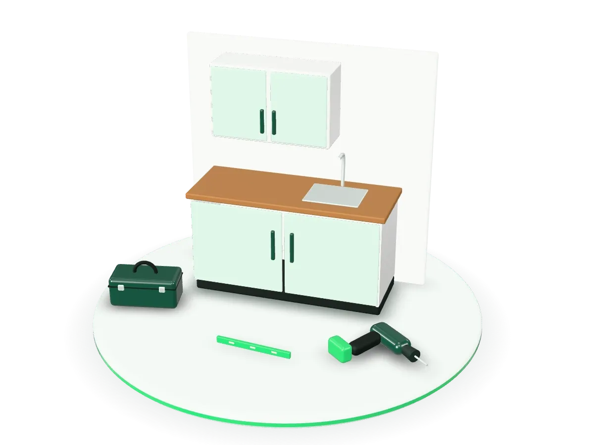 3D-Illustration: Eine Küchenzeile mit Ober- und Unterschrank, davor Werkzeugkoffer, Wasserwaage und Akkuschrauber.