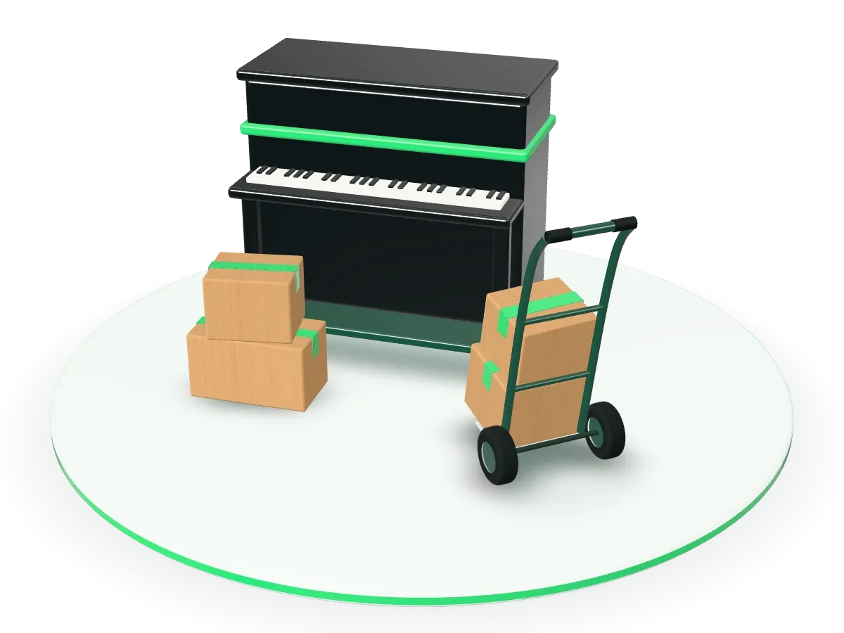 3D-Illustration: Ein Klavier auf einem Rollbrett, eine Sackkarre mit Kartons und weitere Kartons.