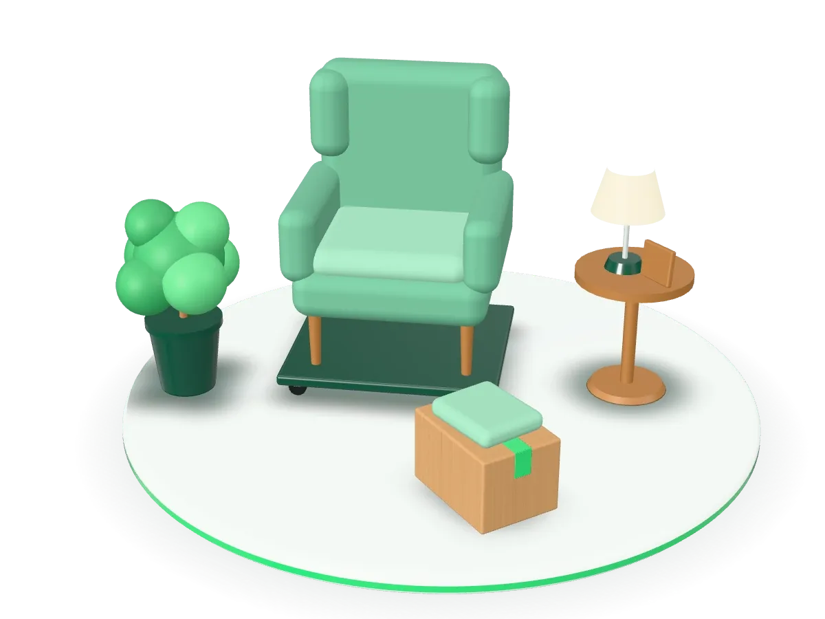 3D-Illustration: Ein Ohrensessel auf einem Möbelroller, daneben ein Beistelltisch mit Lampe, eine Pflanze und ein Karton mit Decke.