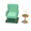 3D-Illustration: Ein Ohrensessel auf einem Möbelroller, daneben ein Beistelltisch mit Lampe, eine Pflanze und ein Karton mit Decke.