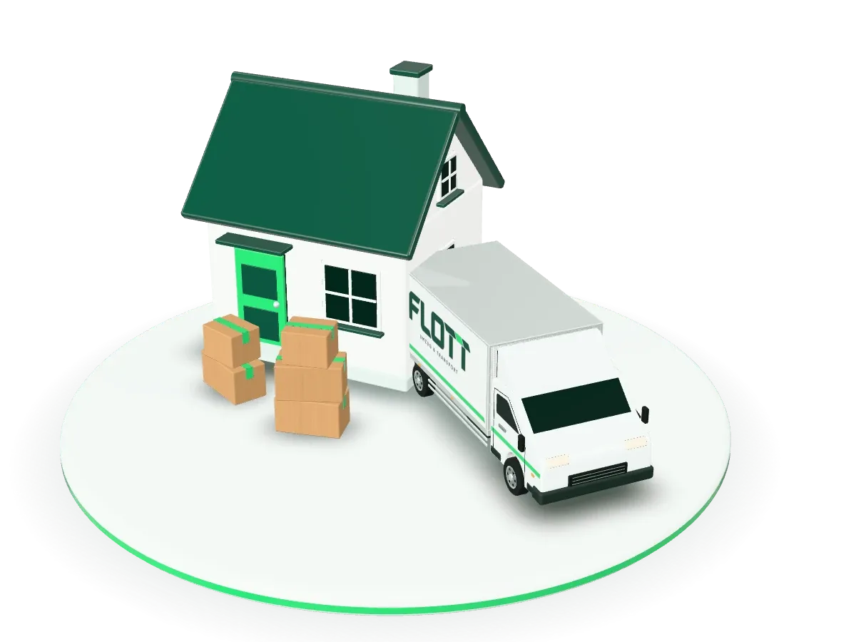 3D-Illustration: Ein Haus mit grüner Tür, davor Umzugskartons und ein Flott-Transporter.
