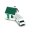 3D-Illustration: Ein Haus mit grüner Tür, davor Umzugskartons und ein Flott-Transporter.