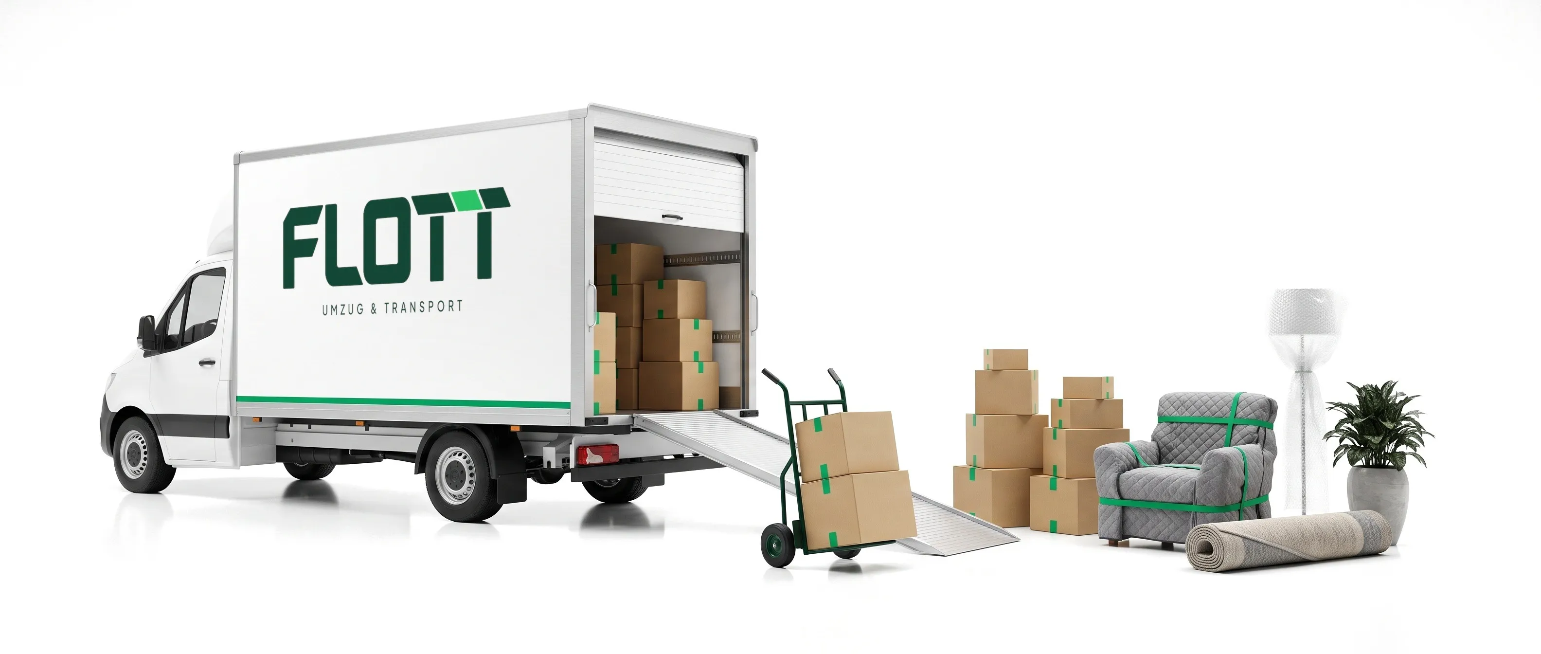 KI-Illustration: Ein Flott-Transporter wird beladen. Das Rolltor ist offen, über eine Rampe kommen Kartons auf der Sackkarre hinein; davor ein eingewickelter Sessel, Kartons, ein Teppich, eine Stehlampe und eine Pflanze.